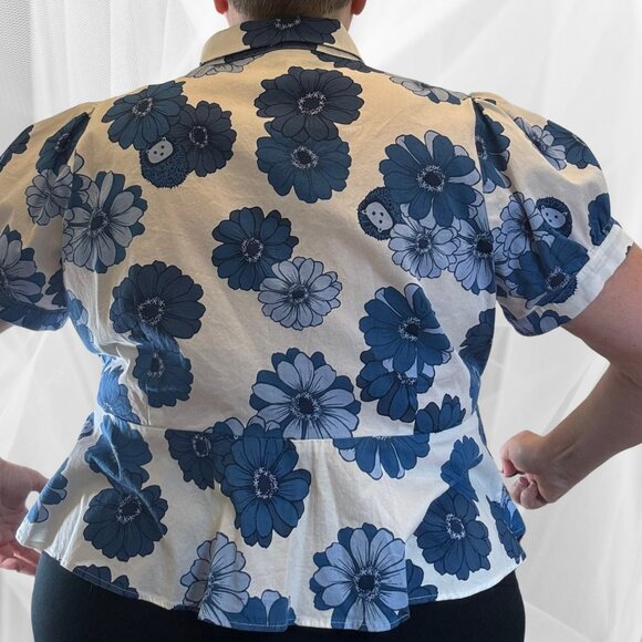 ModCloth x Collectif Blue Floral Peplum Blouse with Hedgehogs – Size 20 - Picture 2 of 13